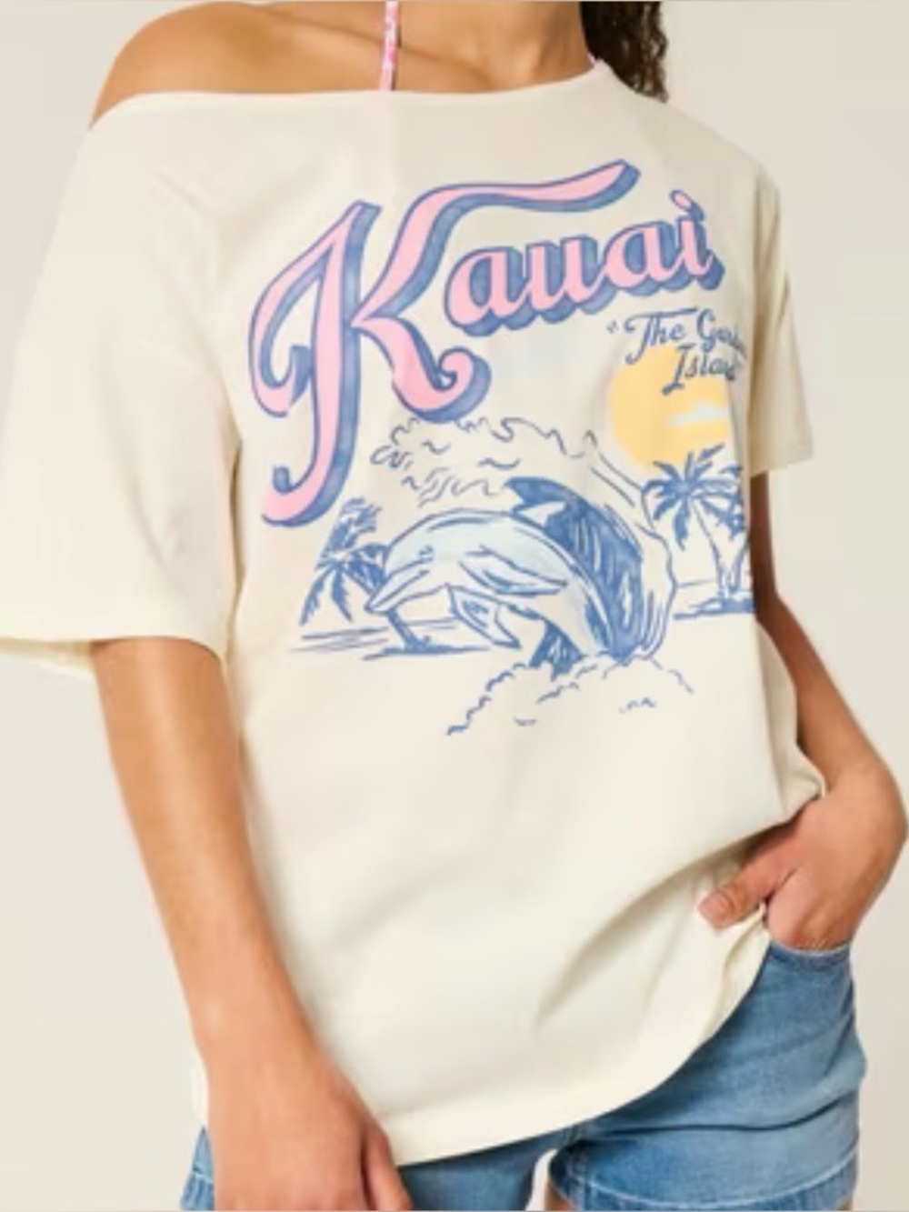 Hollister White Kauai Graphic Tee with Pink & Blue Print